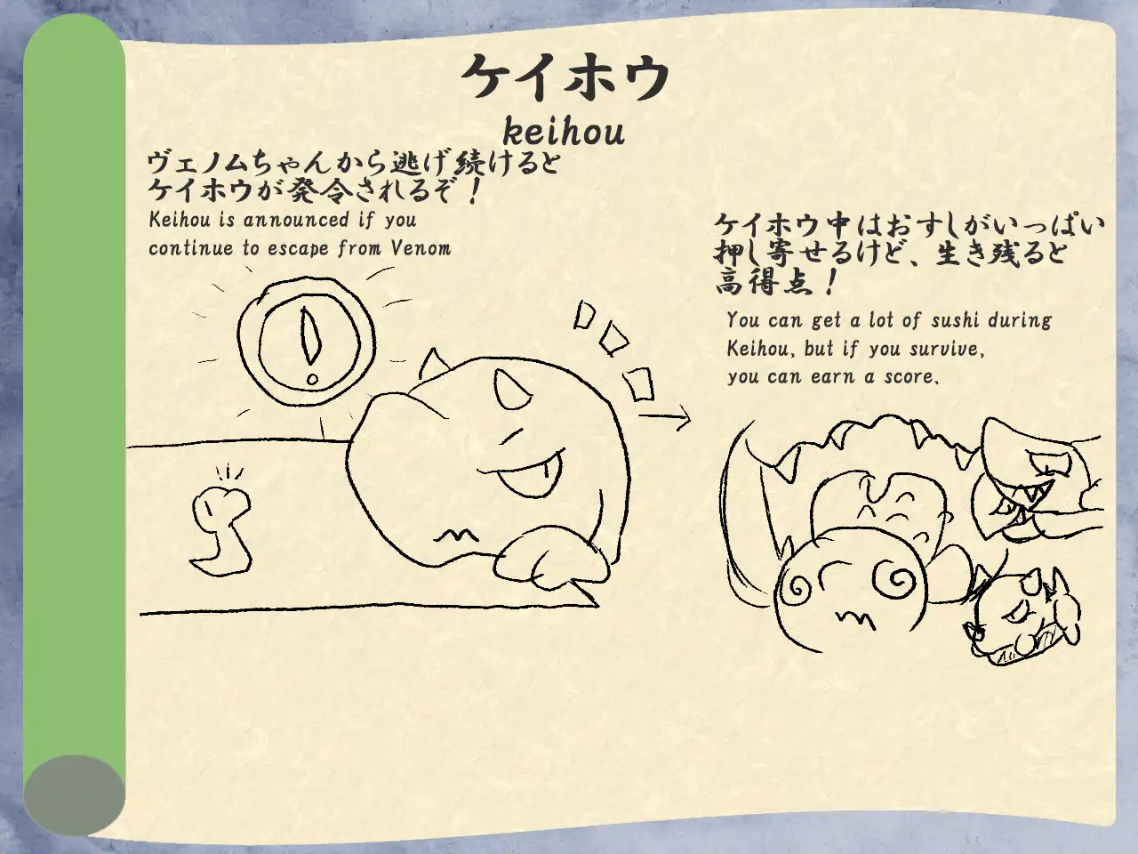 Page explaining Keihou and the bonus points for completing it in the game.